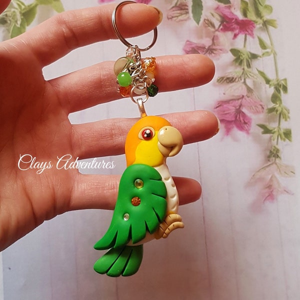 Caique parrot keychain , handmade, parrot figurine made of polymer clay HIGH QUALITY.