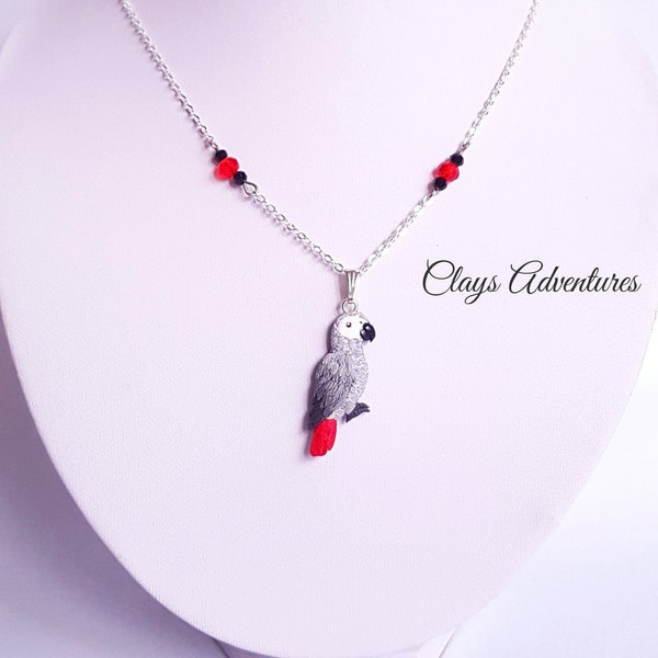 Parrot necklace african grey, handmade, parrot figurine made of polymer clay HIGH QUALITY, like real !!!!