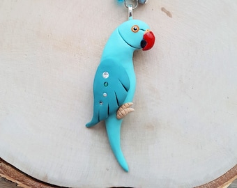Porte-clés perroquet à collier bleu, fait à la main, figurine de perroquet en pâte polymère de HAUTE QUALITÉ.