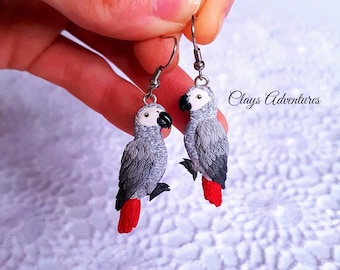 African grey parrot earrings, handmade, parrot figurine made of polymer clay HIGH QUALITY, like real !!!!