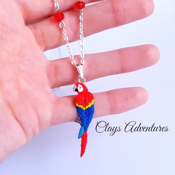 Collier perroquet ara rouge, fait main, figurine perroquet en pâte polymère HAUTE QUALITÉ, comme un vrai !!!!