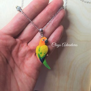 Sun conure (Aratinga solstitialis) parrot necklace, handmade, parrot figurine made of polymer clay HIGH QUALITY, like real !!!!