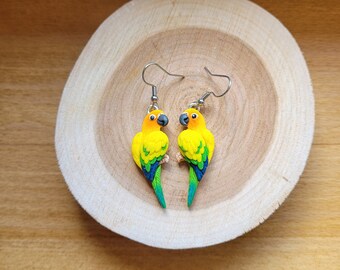 Sun conure parrot earrings, handmade, parrot figurine made of polymer clay HIGH QUALITY, like real !!!!