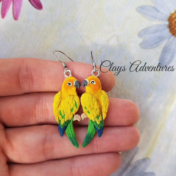 Sun conure parrot earrings, handmade, parrot figurine made of polymer clay HIGH QUALITY, like real !!!!