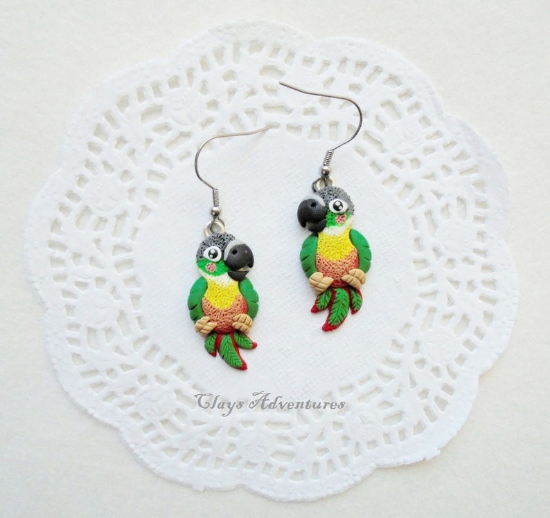 Parrot funny earrings green cheek conure handmade from polymer Etsy