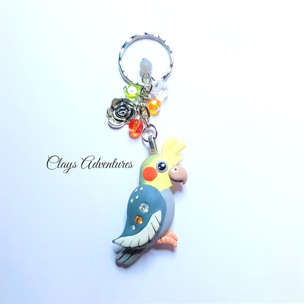 Cockatiel parrot keychain , handmade, parrot figurine made of polymer clay HIGH QUALITY.