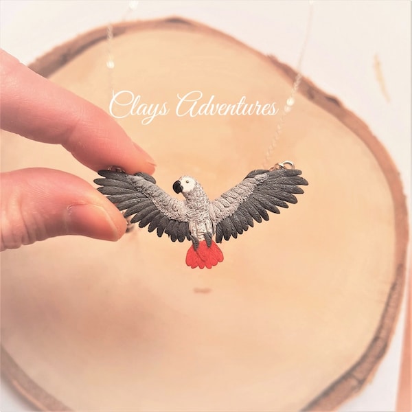 African grey parrot necklace, handmade, parrot figurine made of polymer clay HIGH QUALITY, like real !!!!