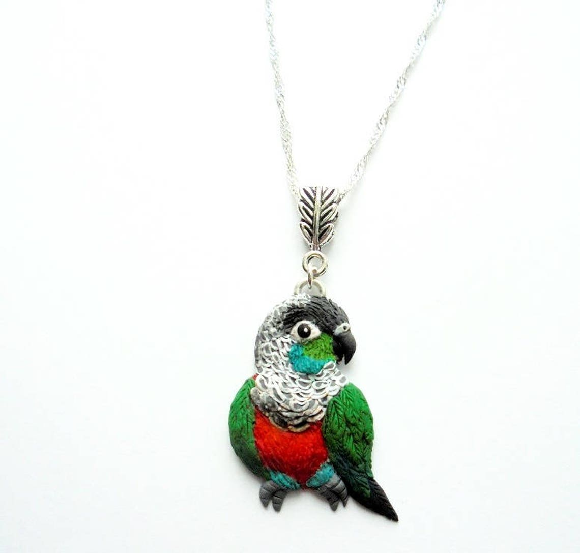Image showcasing Crimson Bellied Conure Necklace Handmade Parrot Necklace - Etsy