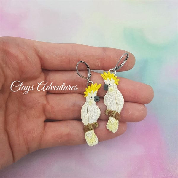 Cockatoo parrot earrings, handmade, parrot figurine made of polymer clay HIGH QUALITY, like real !!!!