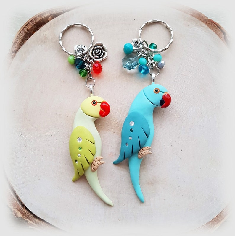 parrot figurine made of polymer clay HIGH QUALITY. Blue ringneck parrot keychain handmade