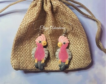 Galah cockatoo earrings funny parrot handmade from polymer clay.