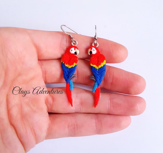 Scarlet macaw parrot earrings handmade parrot figurine made of polymer clay HIGH QUALITY like real