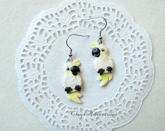 Cockatoo earrings funny parrot handmade from polymer clay.