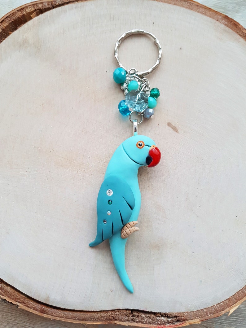 parrot figurine made of polymer clay HIGH QUALITY. Blue ringneck parrot keychain handmade