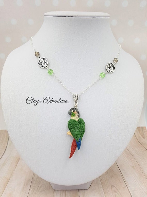 Parrot necklace green cheek conure handmade parrot figurine made of polymer clay HIGH QUALITY like real