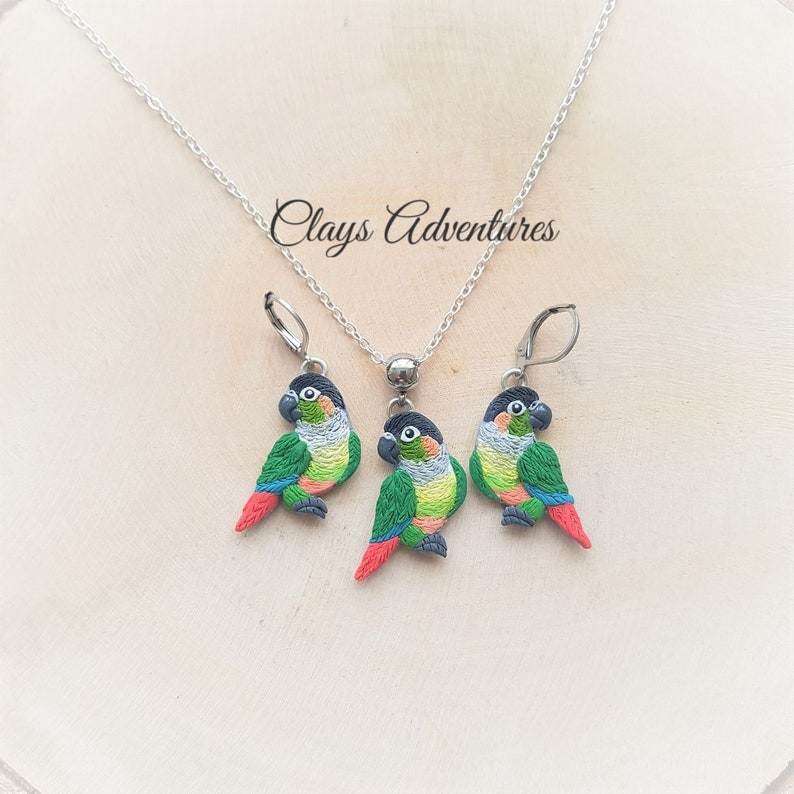 Green cheek conure set earrings necklace handmade parrot Etsy