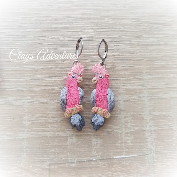 Galah cockatoo parrot earrings, handmade, parrot figurine made of polymer clay HIGH QUALITY, like real !!!!