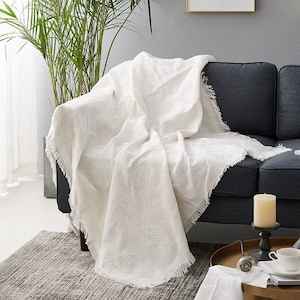Natural White Bohemian Blanket, Scandi Furniture Throw, Elegant Boho Blanket, Garden Blanket, Unique Gift, Boho Interior, Boho chic, Neutral