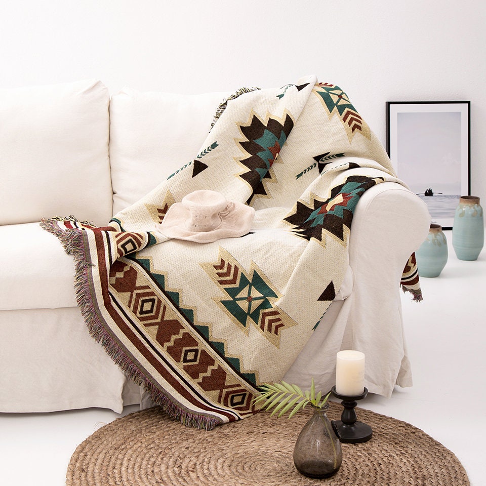 Couverture Boho Aztèque, Lancer de Meubles Boho, Housse Chaise Mexicaine, Amérindien, Intérieur Géom