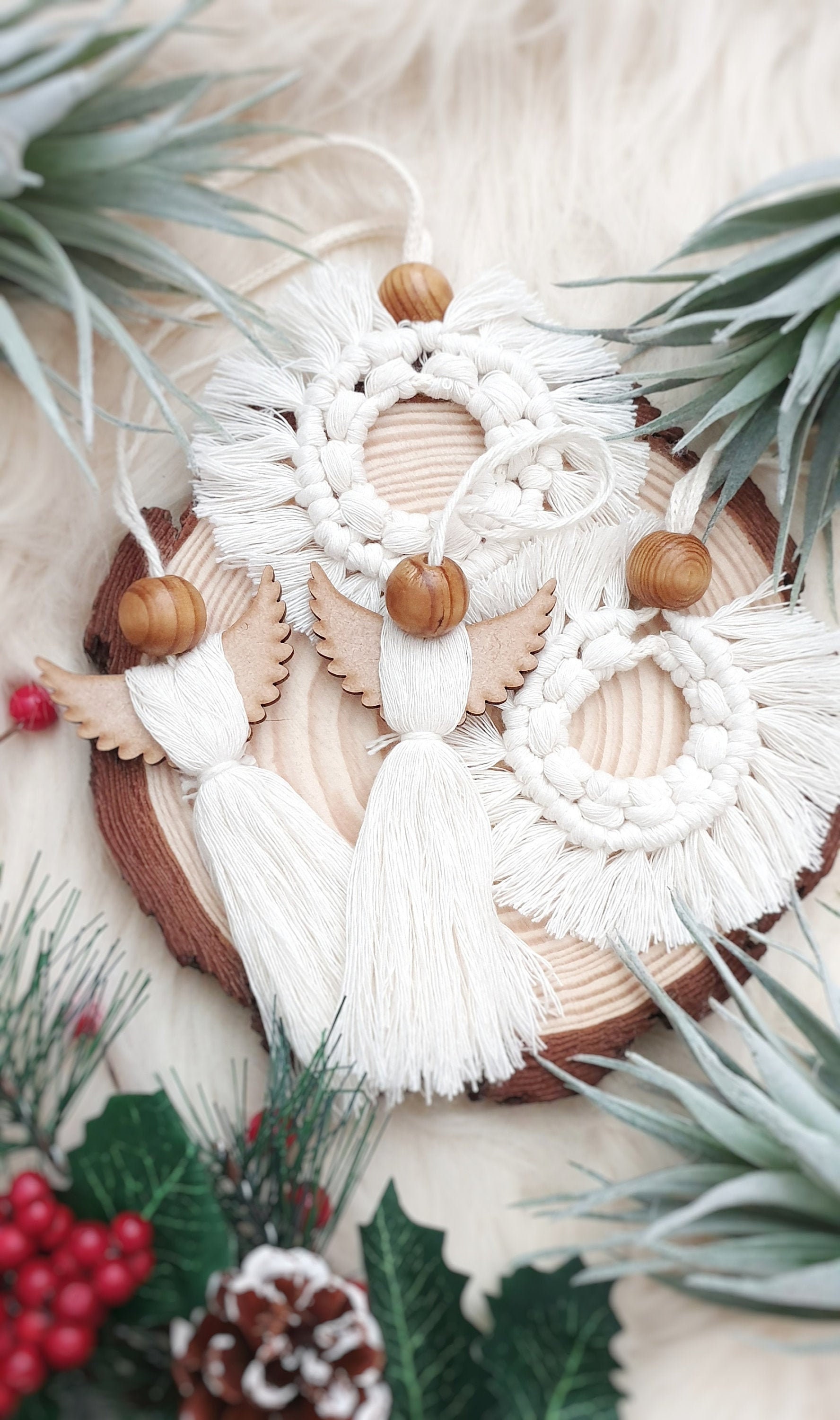 Ensemble de Décorations Noël en Coton Naturel Angel et Bauble | Ornements Boho Macrame d'arbres Blan