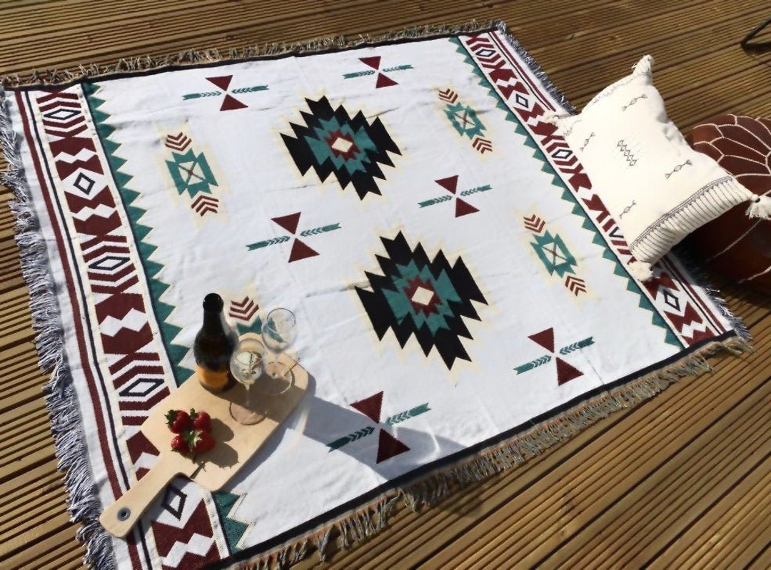 Luxury Aztec Picnic Blanket, Bohemian Garden Throw, Mexican Picnic