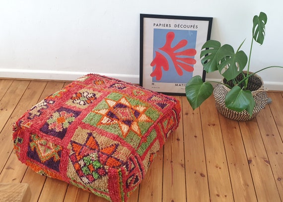 Moroccan Square Pouf Colorful Moroccan Pouf Dog Bed Red Vintage Floor Pillow Cover Morocco Floor Cushion Meditation Pillow