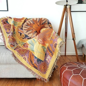 Sunshine Blanket, Eclectic Furniture Throw, Unique Yellow Orange Picnic Blanket, Outdoor Garden Cotton Knitted Blanket, Sun Ray Wall Hanging