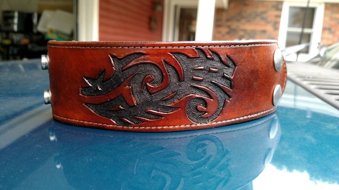 Custom Tooled Leather Bracelet With Inlay and Buckstitch, Western