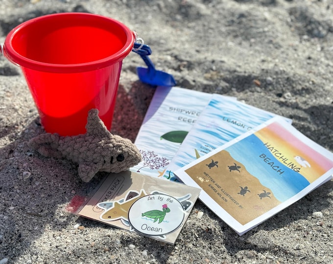 Red Bucket of Books with Stickers & Hand Crocheted 6" Shark!