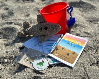 Red Bucket of Books with Stickers & Hand Crocheted 11" Shark!