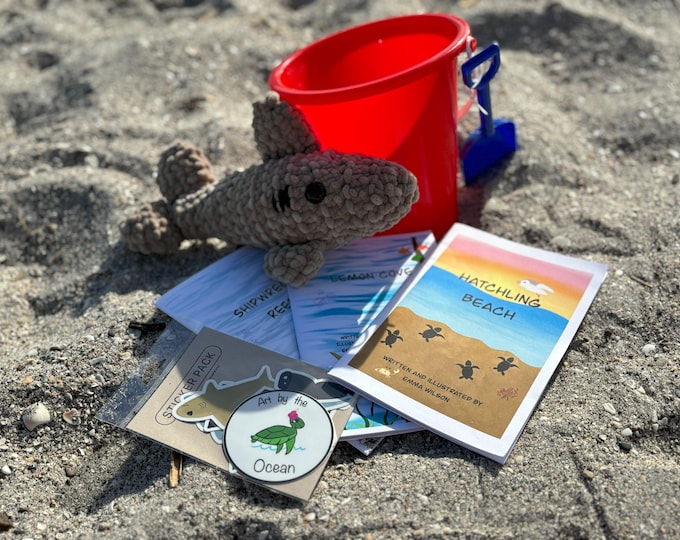Red Bucket of Books with Stickers & Hand Crocheted 11" Shark!