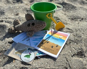 Green Bucket of Books with Stickers & Hand Crocheted 11" Shark!