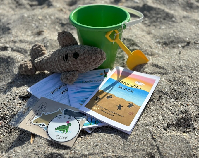 Green Bucket of Books with Stickers & Hand Crocheted 11" Shark!