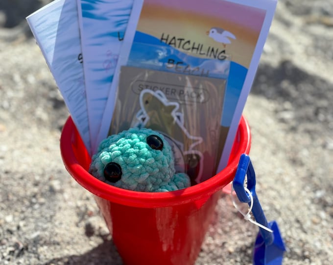 Red Bucket of Books with Stickers & Hand Crocheted Moon Jelly!