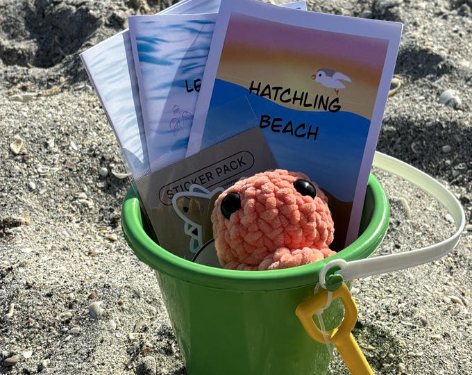 Green Bucket of Books with Stickers & Hand Crocheted Moon Jelly!
