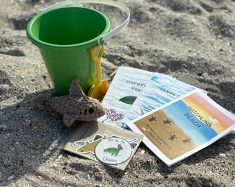Green Bucket of Books with Stickers & Hand Crocheted 6" Shark!