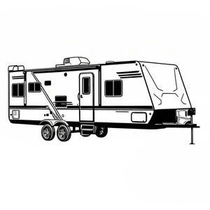 May include: A black and white line art illustration of a travel trailer. The camper features a rectangular body, two sets of wheels, a side entry door with steps, multiple windows, and a roof-mounted air conditioning unit on a white background.