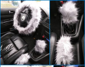 Gray Fuzzy Car Set, 3 pcs Fuzzy Set, Car accessories, Fuzzy Car Accessories Set, Faux Fur Steering Wheel Cover