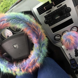 Fuzzy Car Accessories, Steering Wheel Cover, Gear Shift Knob Cover, Handbrake Cover, Rear View Mirror Cover, Belt Cover. Accessories Set.