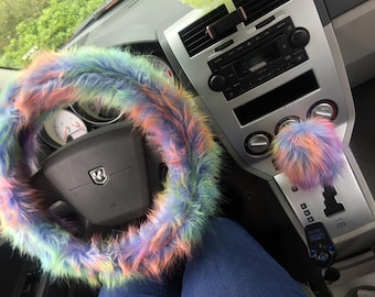 Fuzzy Car Accessories, Steering Wheel Cover, Gear Shift Knob Cover, Handbrake Cover, Rear View Mirror Cover, Belt Cover. Accessories Set.