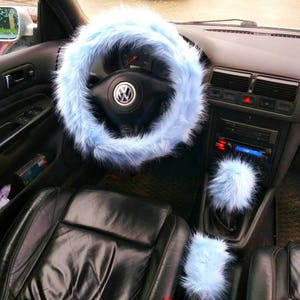 Fuzzy Car Accessories, Steering Wheel Cover, Gear Shift Knob Cover, Handbrake Cover, Rear View Mirror Cover, Belt Cover. Accessories Set.