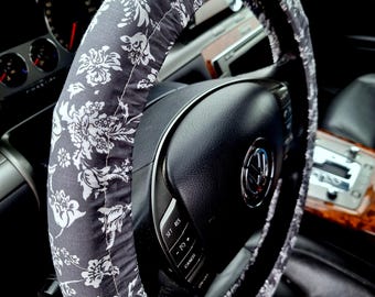 Floral Steering Wheel Cover: Handmade Gray Car Accessory