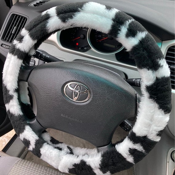 Fuzzy Car Steering Wheel Cover: Cow Print Auto Accessories