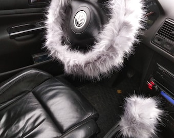 Fuzzy Car Accessories, Steering Wheel Cover, Gear Shift Knob Cover, Handbrake Cover, Rear View Mirror Cover, Belt Cover. Accessories Set.
