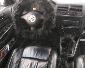 Steering Wheel Cover, Black Fuzzy Car Set, 3 pcs Fuzzy Set, Car accessories, Fuzzy Car Accessories Set, Faux Fur Steering Wheel Cover
