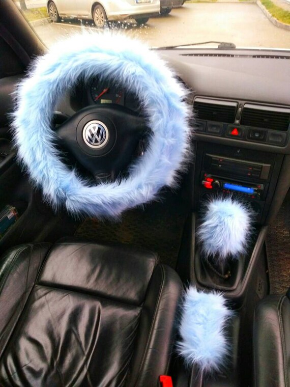 Fuzzy Car Accessories Steering Wheel Cover Gear Shift Knob Cover Handbrake Cover Rear View Mirror Cover Belt Cover Accessories Set