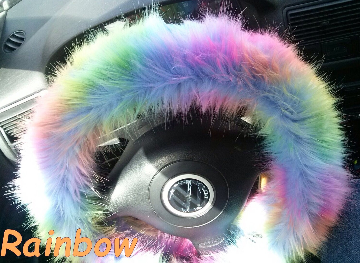 Rainbow fuzzy sale steering wheel cover