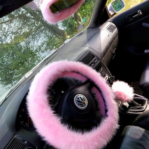 Fuzzy Car Accessories, Steering Wheel Cover, Gear Shift Knob Cover, Handbrake Cover, Rear View Mirror Cover, Belt Cover. Accessories Set.