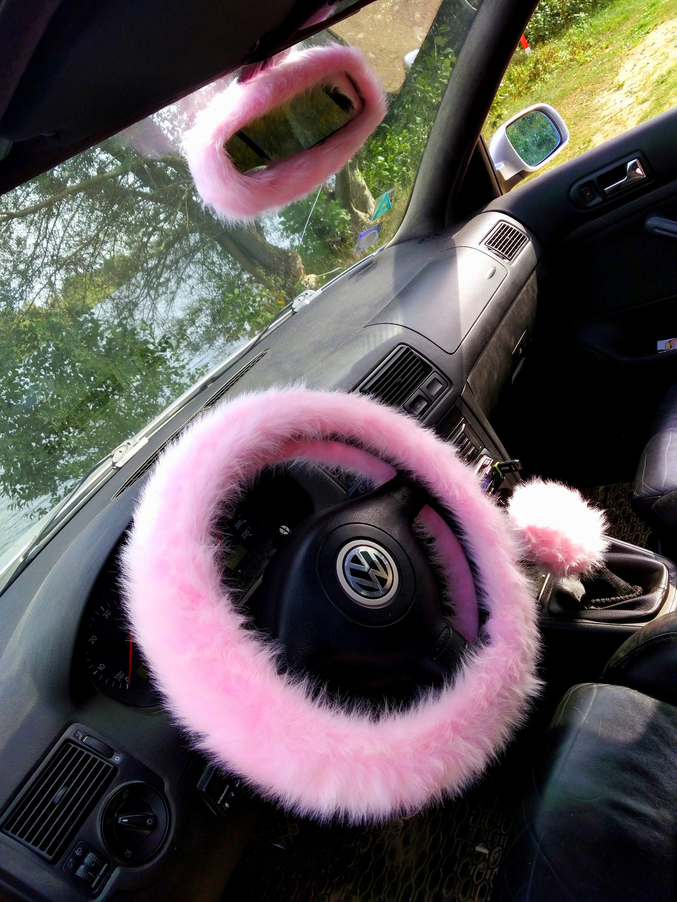 Fuzzy Car Accessories, Steering Wheel Cover, Gear Shift Knob Cover, Handbrake Cover, Rear View Mirror Cover, Belt Cover. Accessories Set.