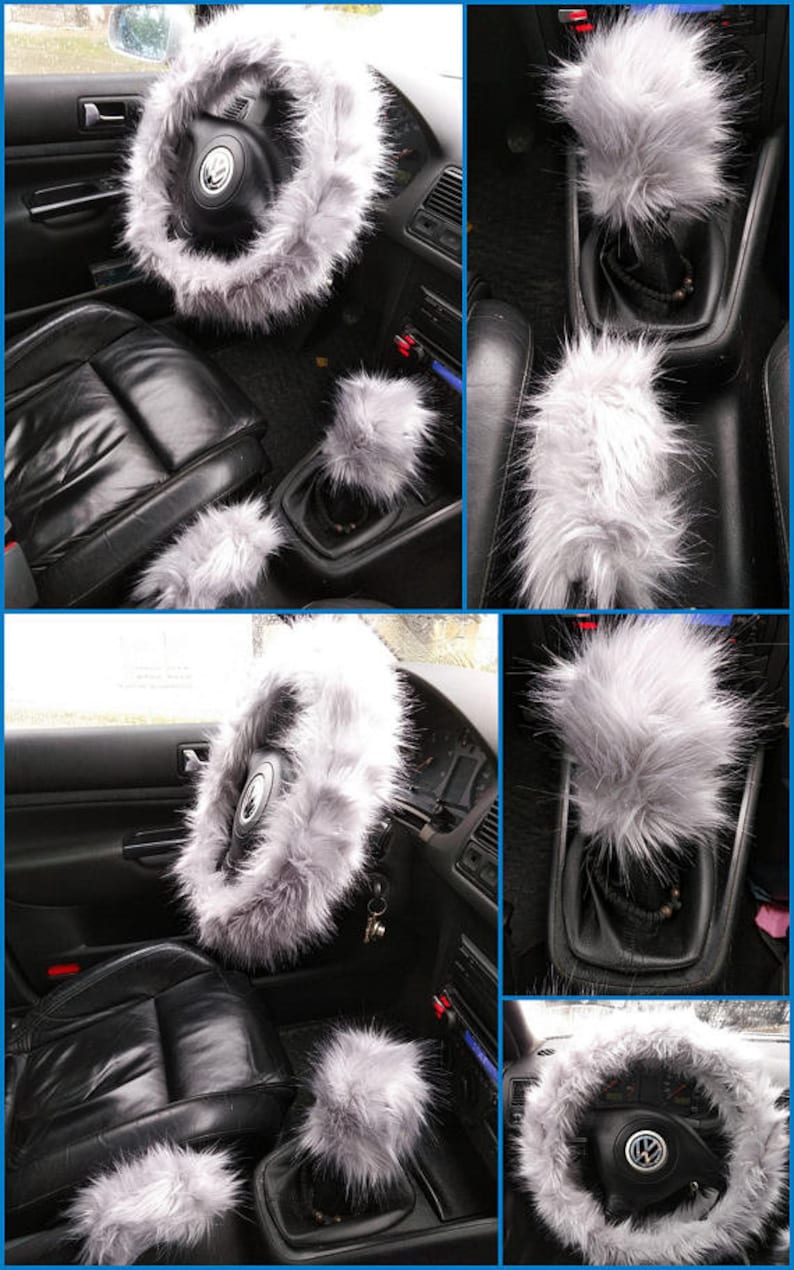 Fuzzy Car Accessories, Steering Wheel Cover, Gear Shift Knob Cover, Handbrake Cover, Rear View Mirror Cover, Belt Cover. Accessories Set. image 7